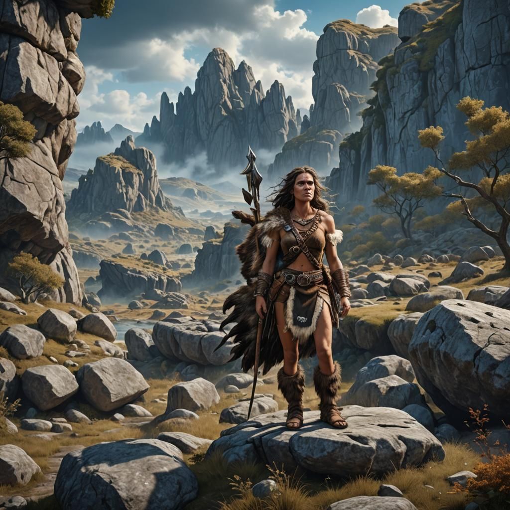 Cro-Magnon Woman Hunting in Prehistoric Landscape