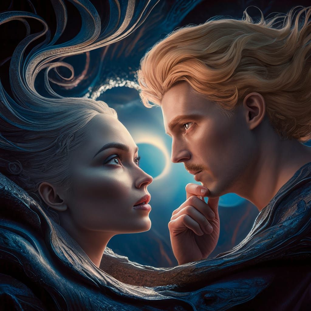 Intense Gaze: Woman and Blonde Man in Fantasy Setting