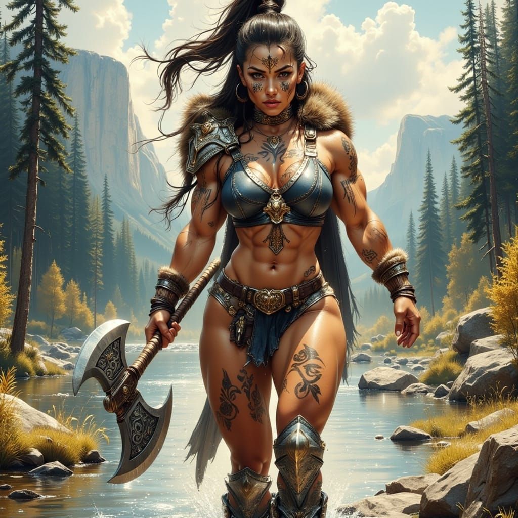 Fierce Barbarian Woman with Axe in Hyperrealistic Style