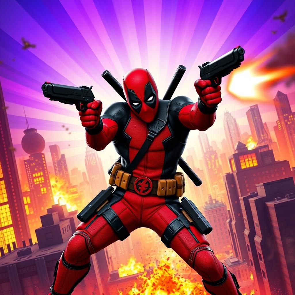 Deadpool Fires Pistols in Animated Cityscape