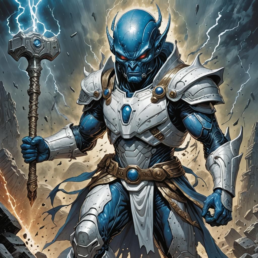 Blue Alien Thunder God in Comic Book Style