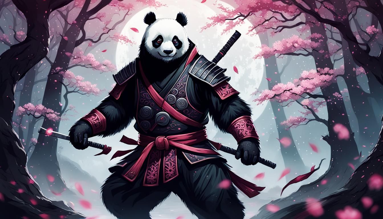 Mystical Black Panda Ninja in Moonlit Cherry Blossom Forest