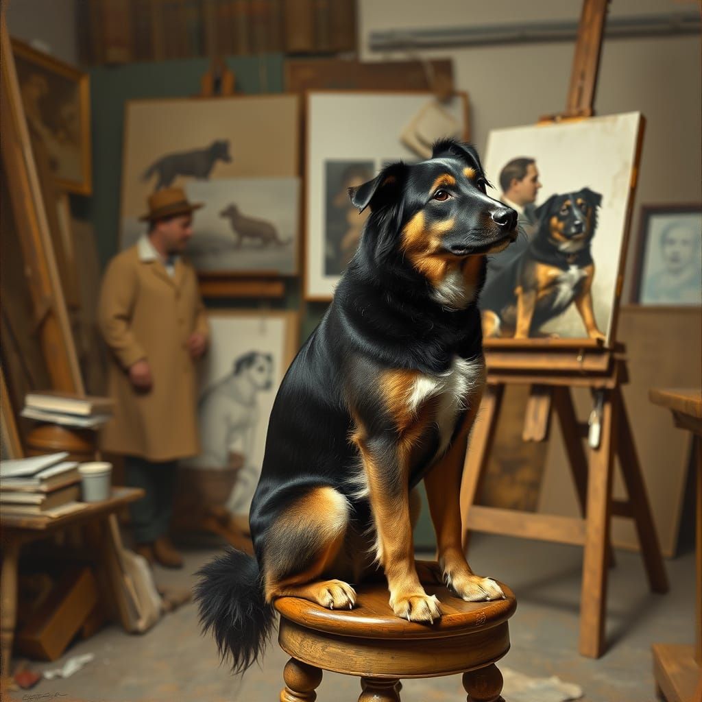 A Realist Portrait of a Loyal Dog in an Artist's Studio