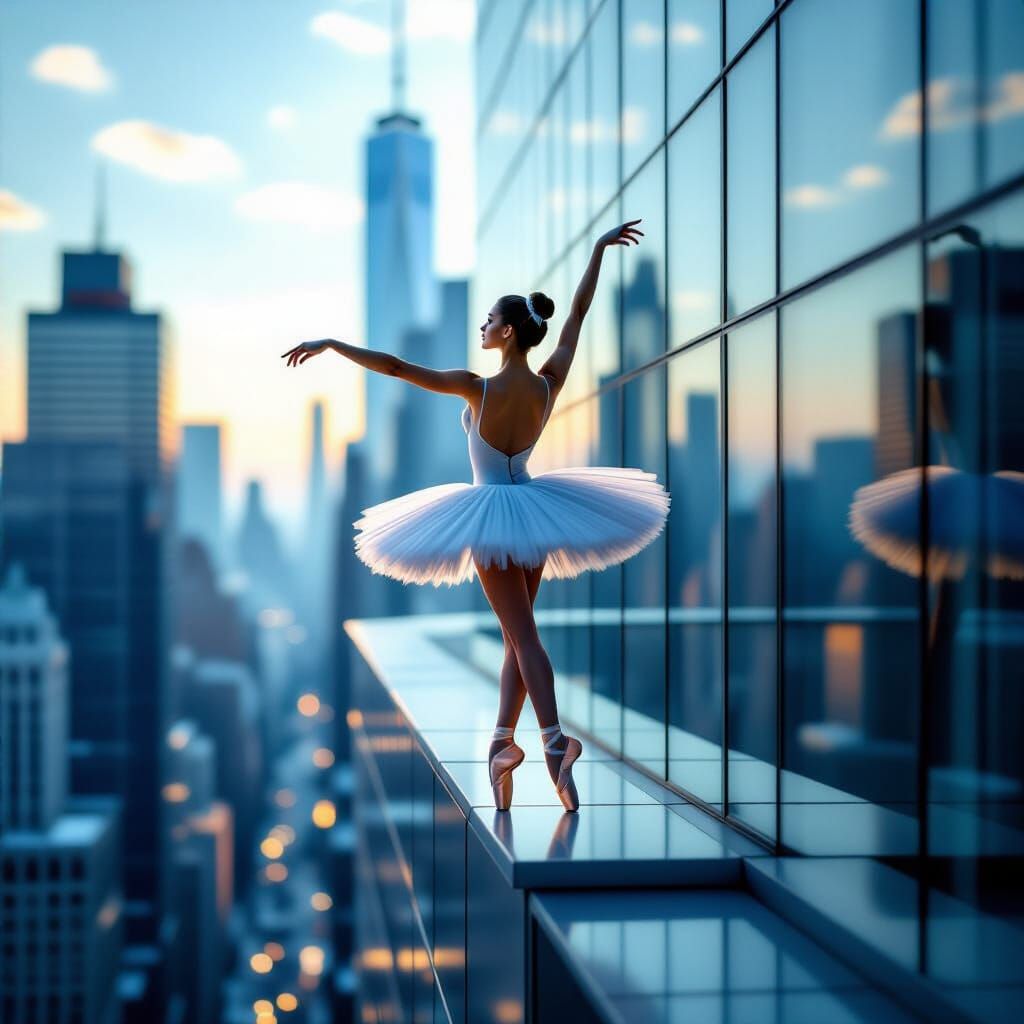 Ballerina on Warped Skyscraper Edge in Ultra Realistic Style