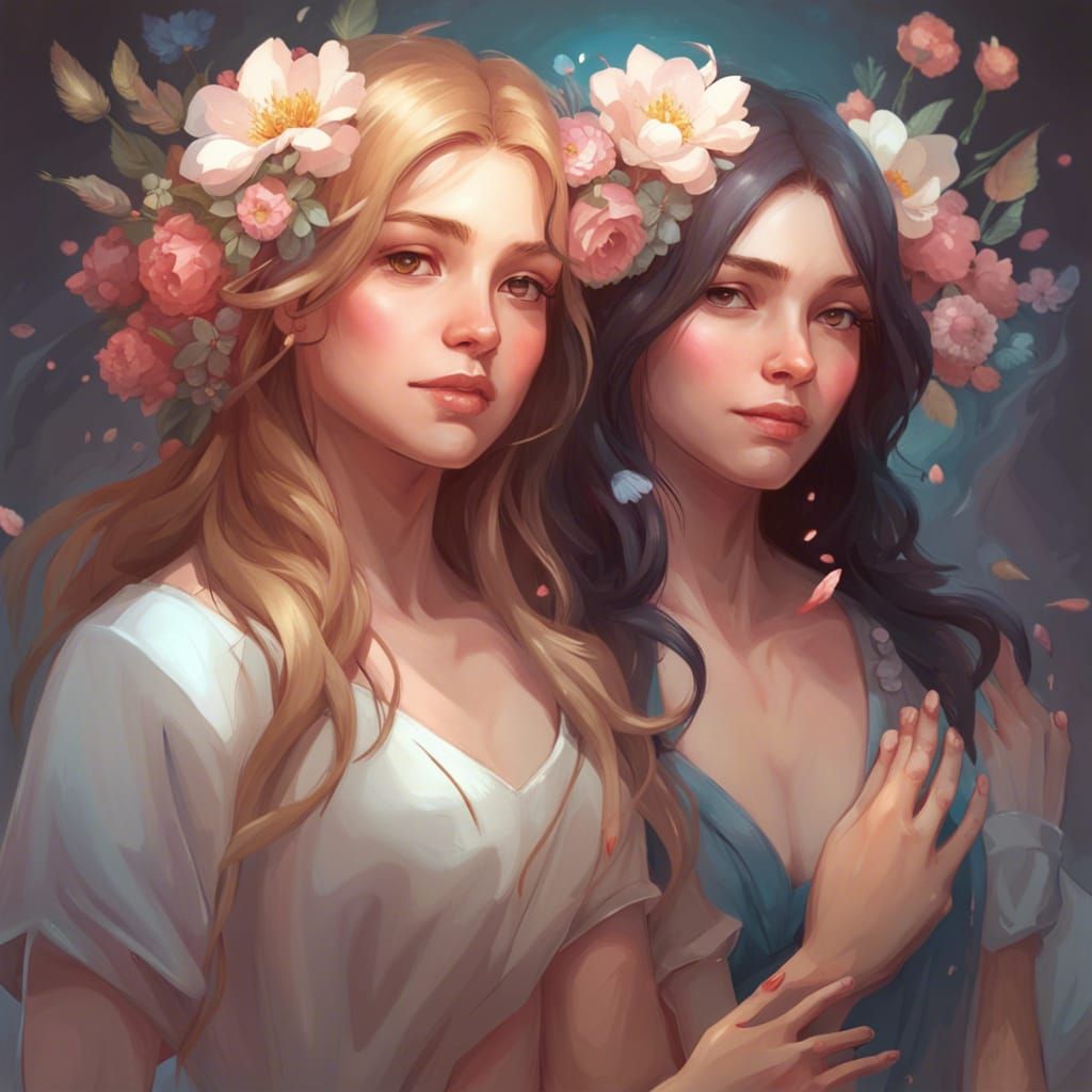 Girls Holding Hands in Flower Field: Artstation Style