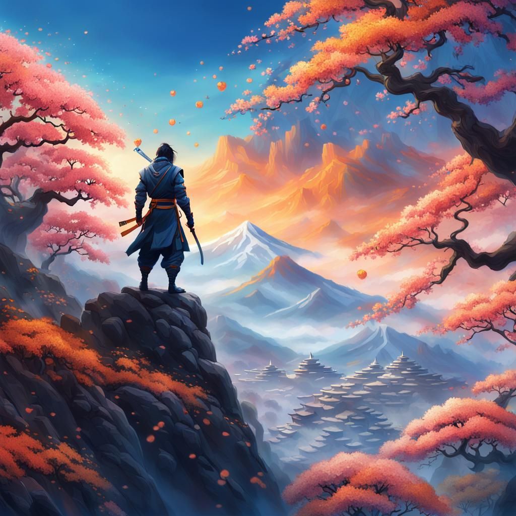 Ninja on Misty Peak in Fantasy Landscape