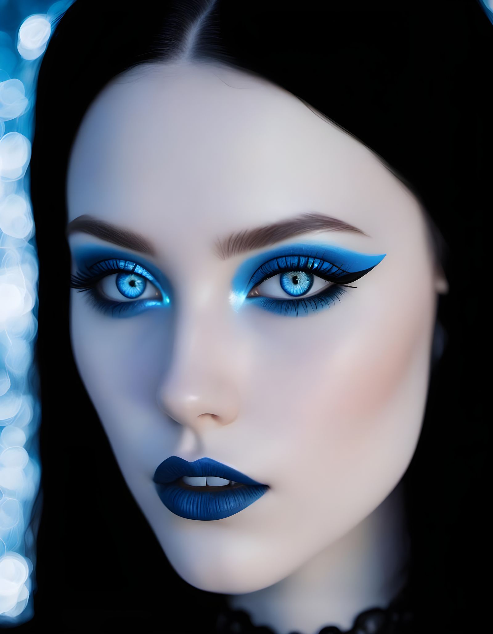 Whimsical gothic young lady with long black hair and crystal blue eyes with Electric blue eyeshadow with black eyeliner ...