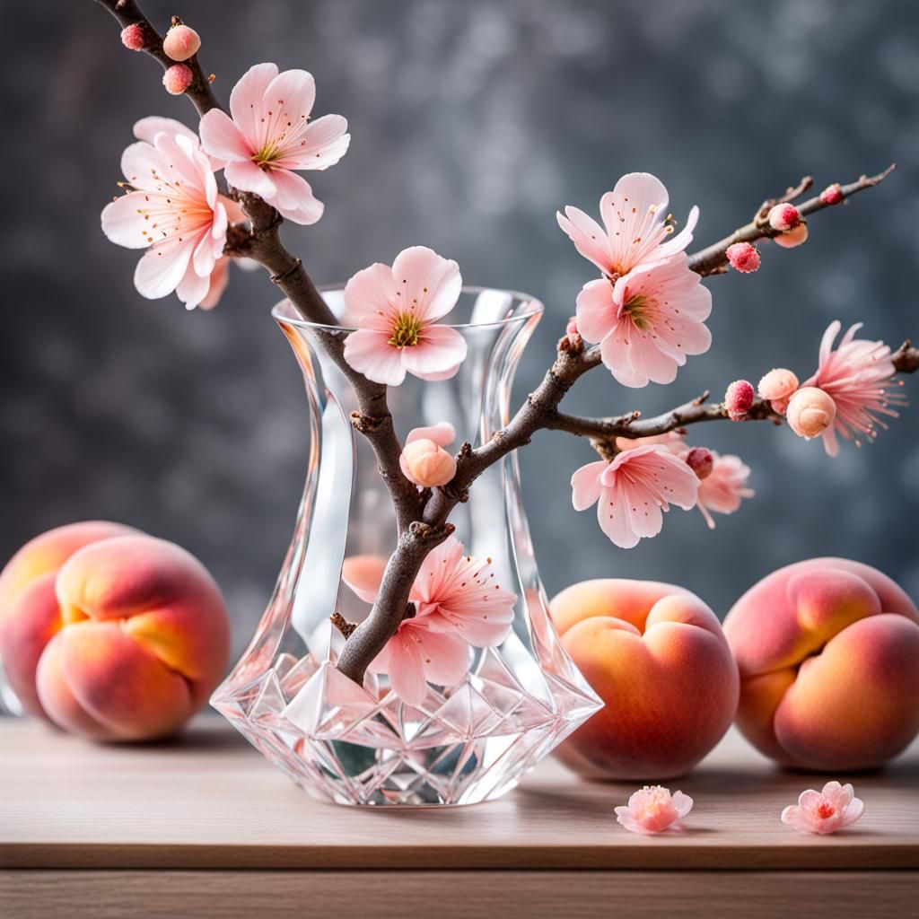 Peach blossom flowers in a magic crystal vase with two peach around the vase