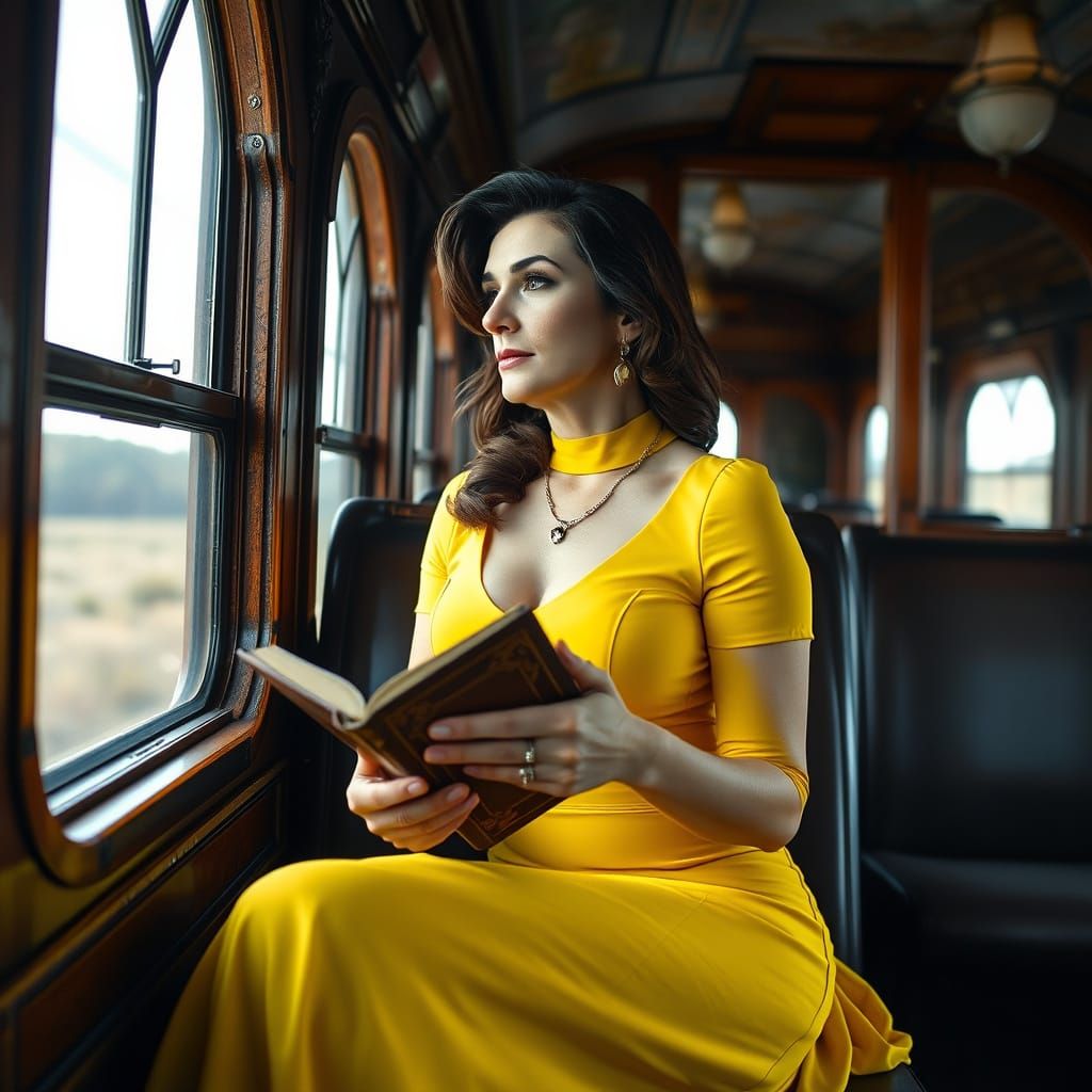 Woman in Glowing Yellow Dress on Vintage Train
