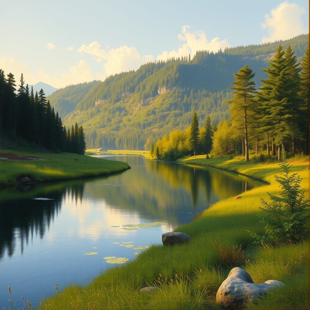 Serene River Landscape with Lush Vegetation and Golden Light