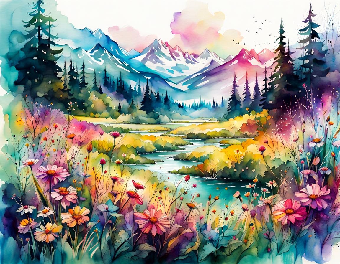 Wildflower Meadow Fantasy Landscape in Watercolor Style