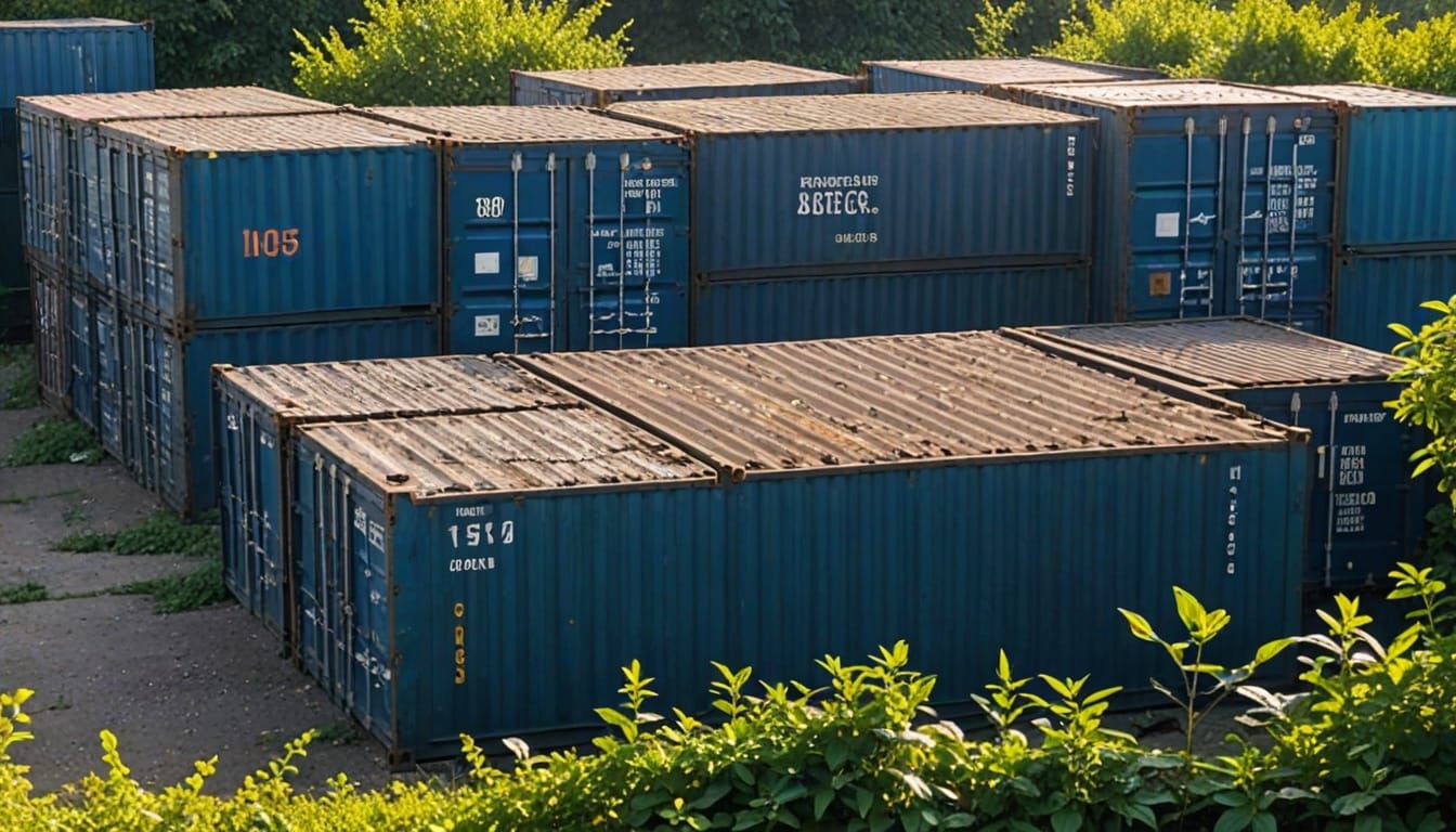 Sunlit Abandoned Shipping Containers in Overgrown Yard
