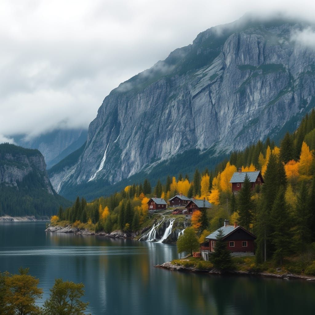 Serene Norwegian Fjord Landscape in Traditional Style