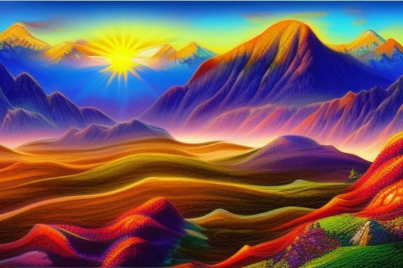 Radiant Sunrise Over Detailed Mountain Landscape