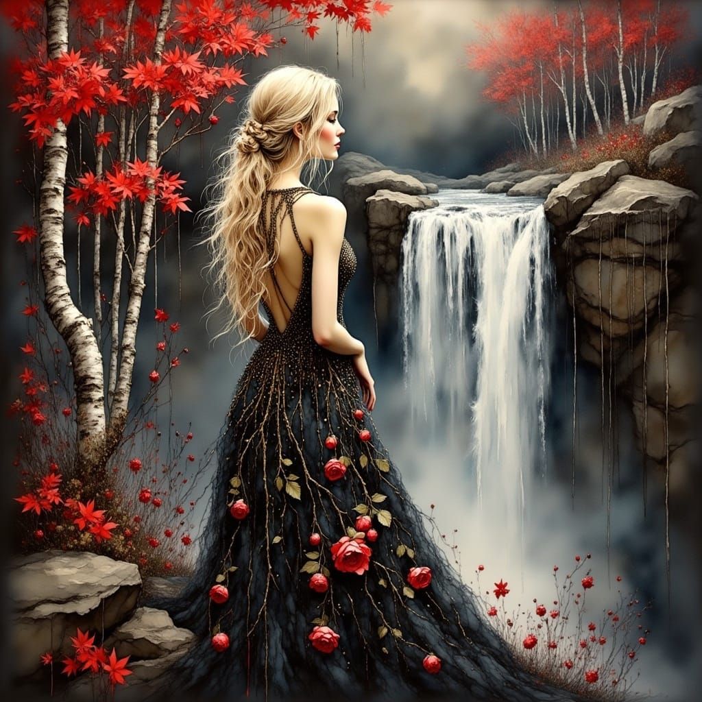 Woman in Gown by Waterfall: Airbrush Oil Painting
