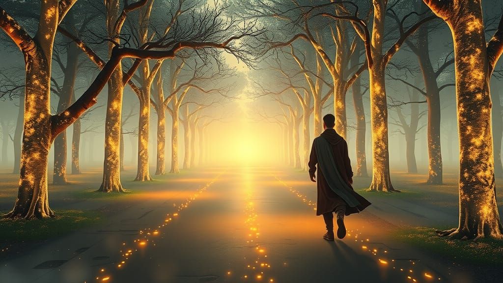 Figure Walks Along Glowing Trail to Radiant Horizon