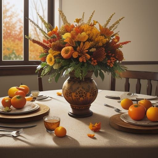 Vibrant Autumn Still Life with Flowers and Fruit