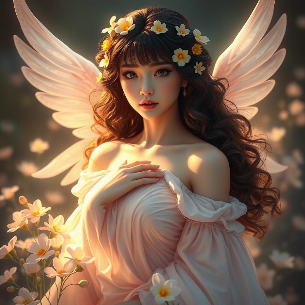 Ethereal Woman with Flowers in Digital Art