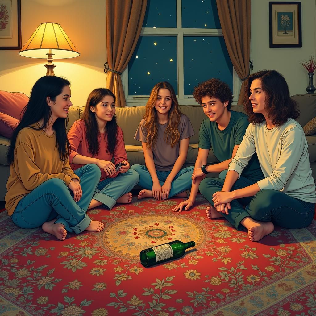 Teenagers Playing Spin the Bottle, Illustrated Comic Art