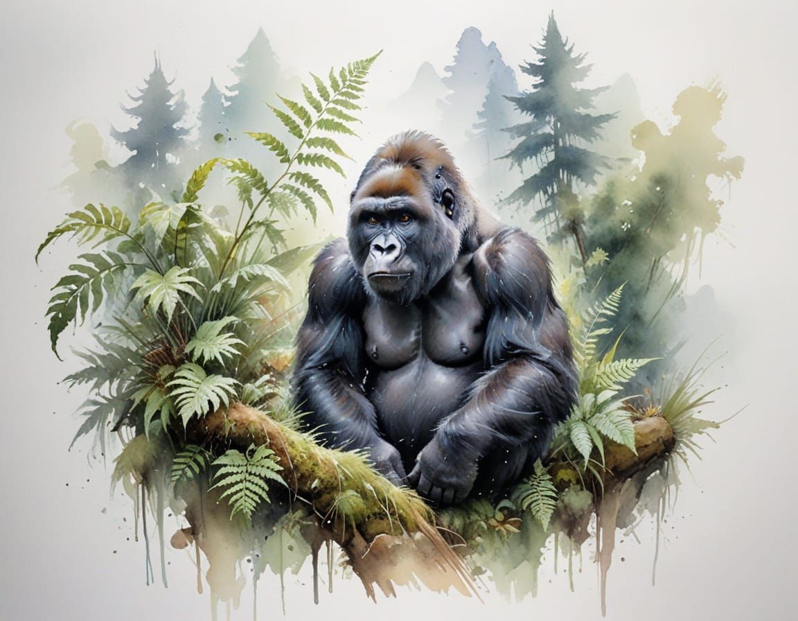 Mountain Gorilla in Misty Forest Pastel Watercolour