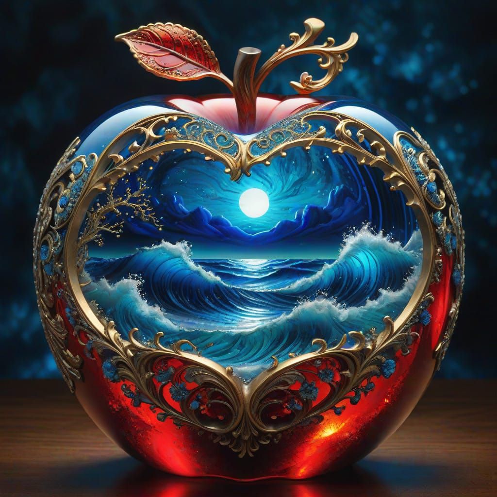 Ethereal Oceanic Masterpiece Inside a Glowing Glass Apple