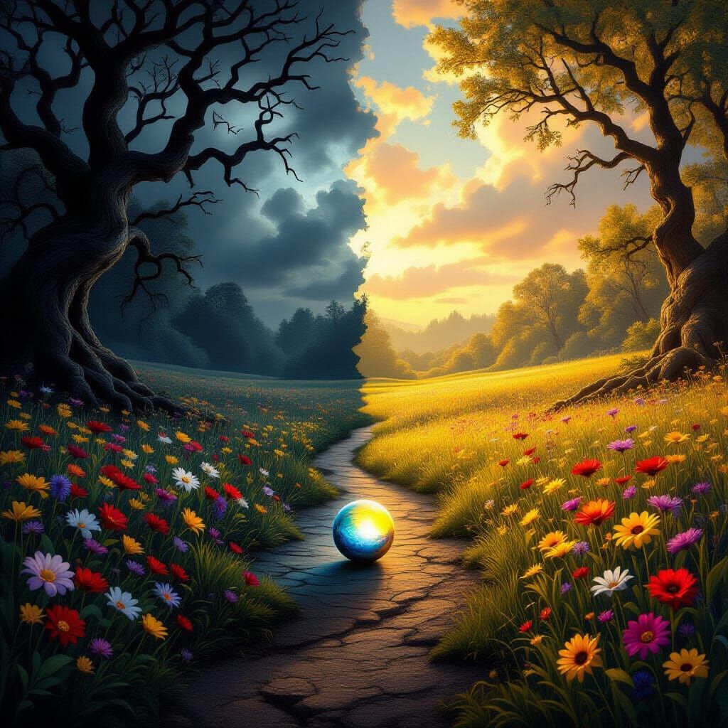 Surreal Split Landscape: Dark Forest Meets Golden Meadow