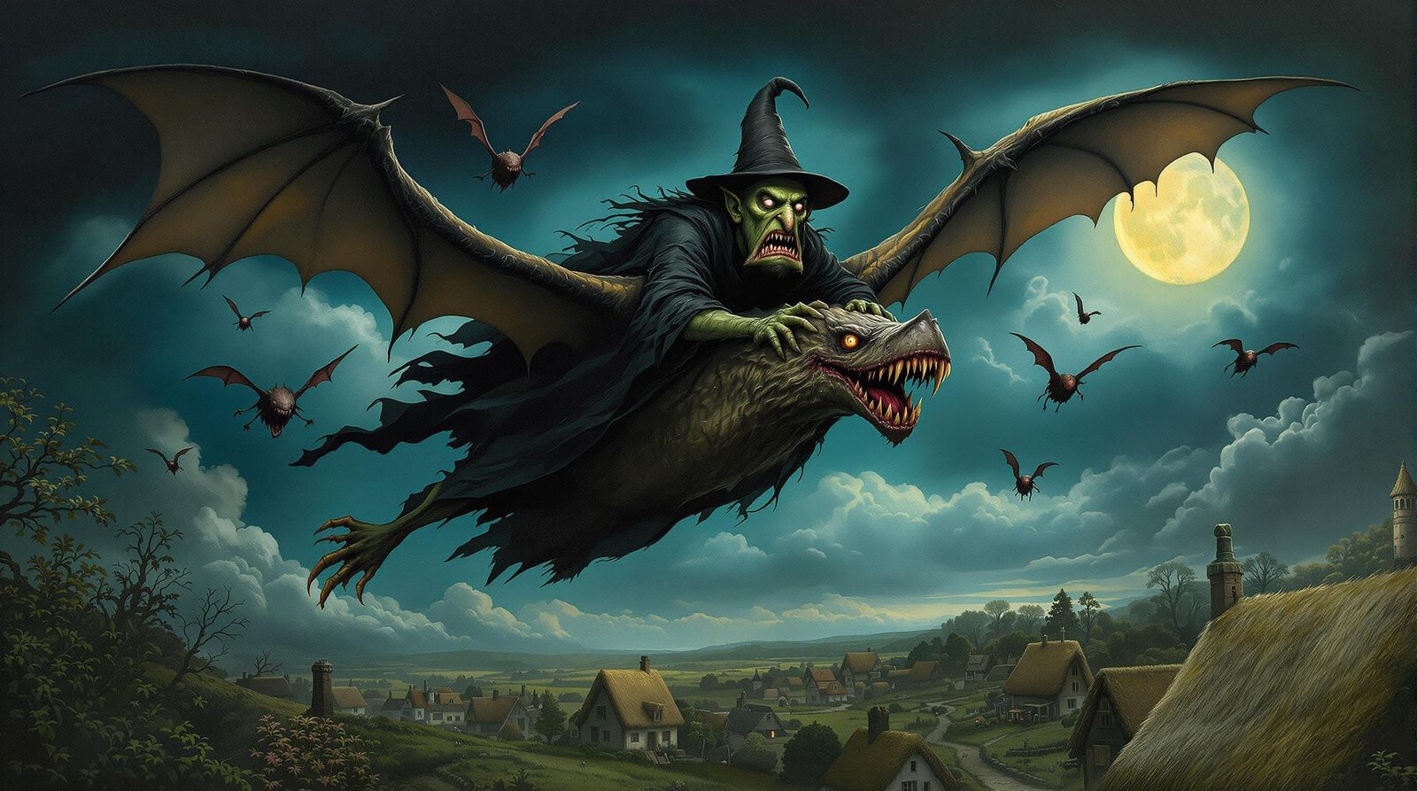 Baroque Witch Soaring Above Village at Night