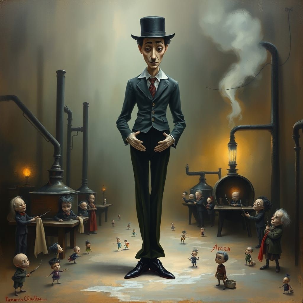 Surreal Oil Painting of Elongated Charlie Chaplin in Whimsic...