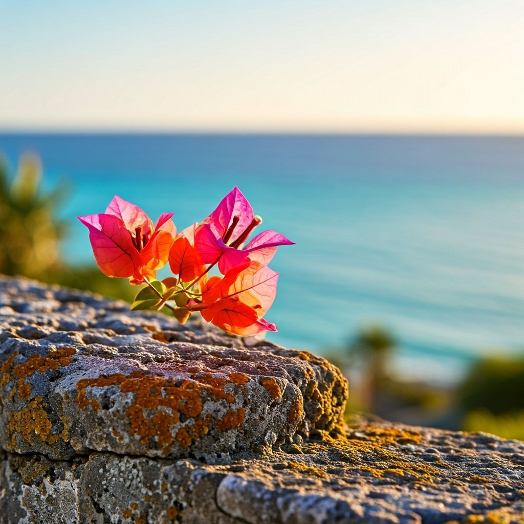 Vibrant Bougainvillea Flower Against Turquoise Seascape