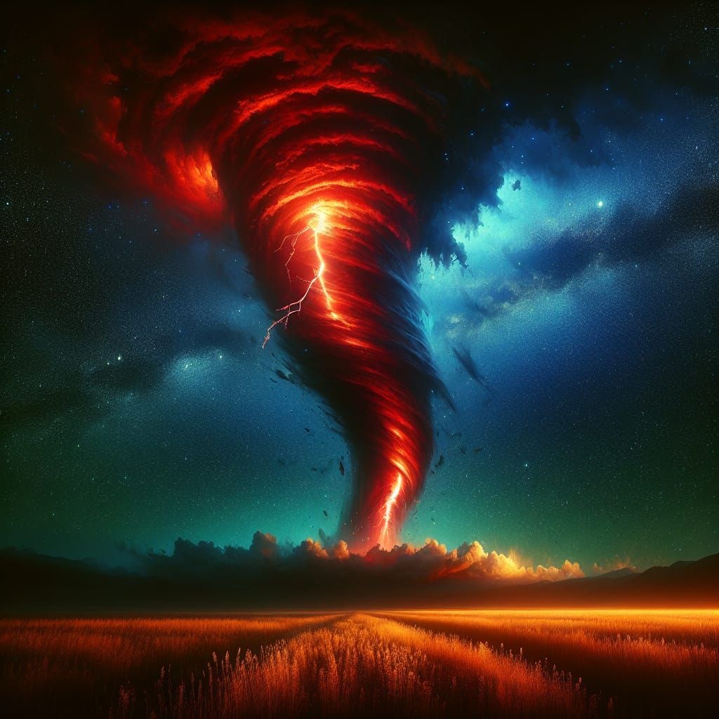 Monstrous Red Tornado Over Grasslands at Night