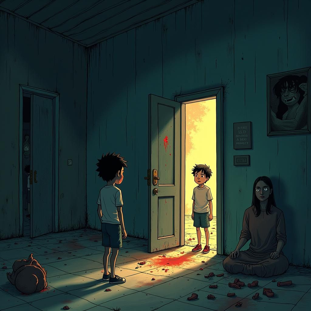 Anime-Style Boy with Scar in Somber Light