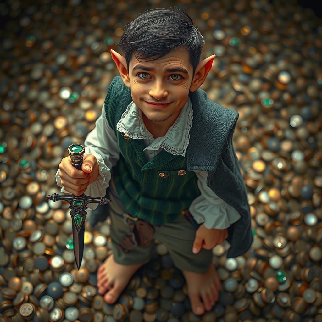Mysterious Halfling Thief Amidst Treasure Trove in Earthy, S...