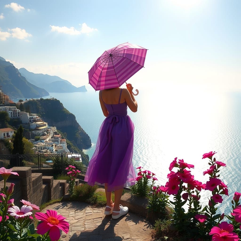 Girl with Parasol on Amalfi Coast as Oil Painting