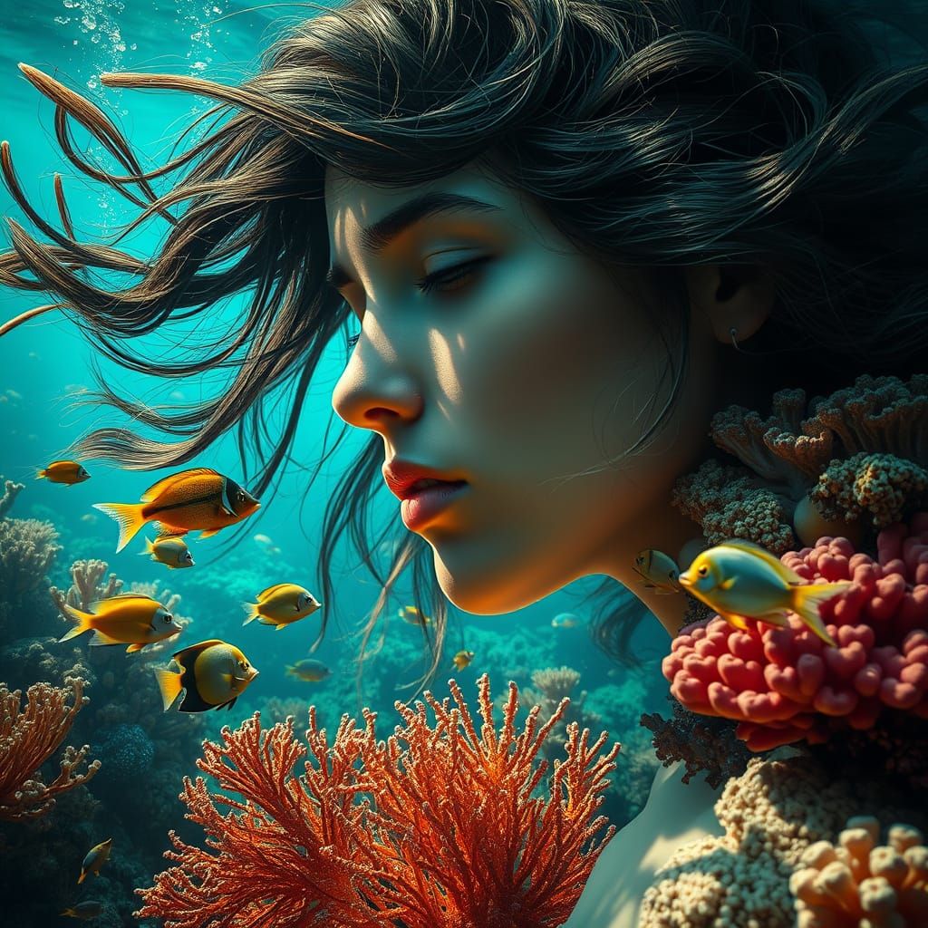 Surrealist Serenity: Woman's Face Merges with Vibrant Coral ...