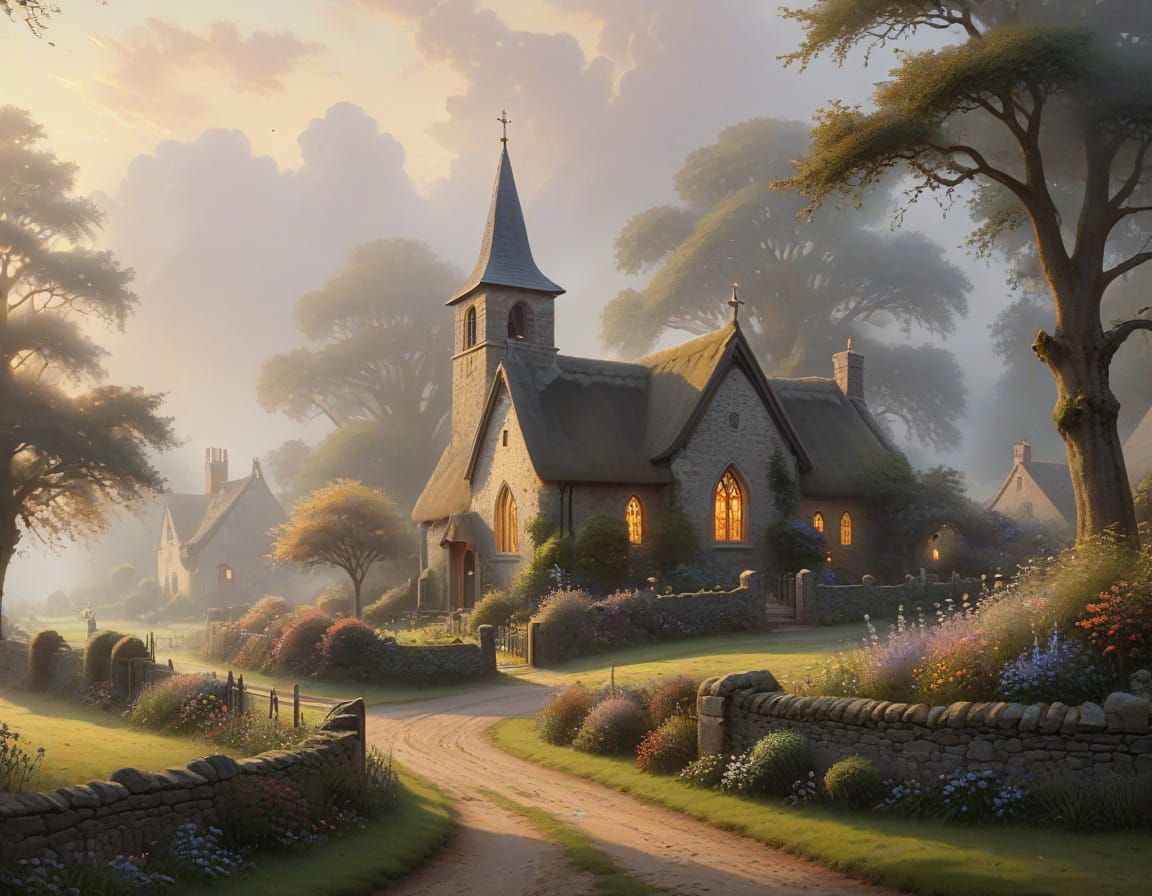 Quaint Stone Church in Misty English Village at Dawn