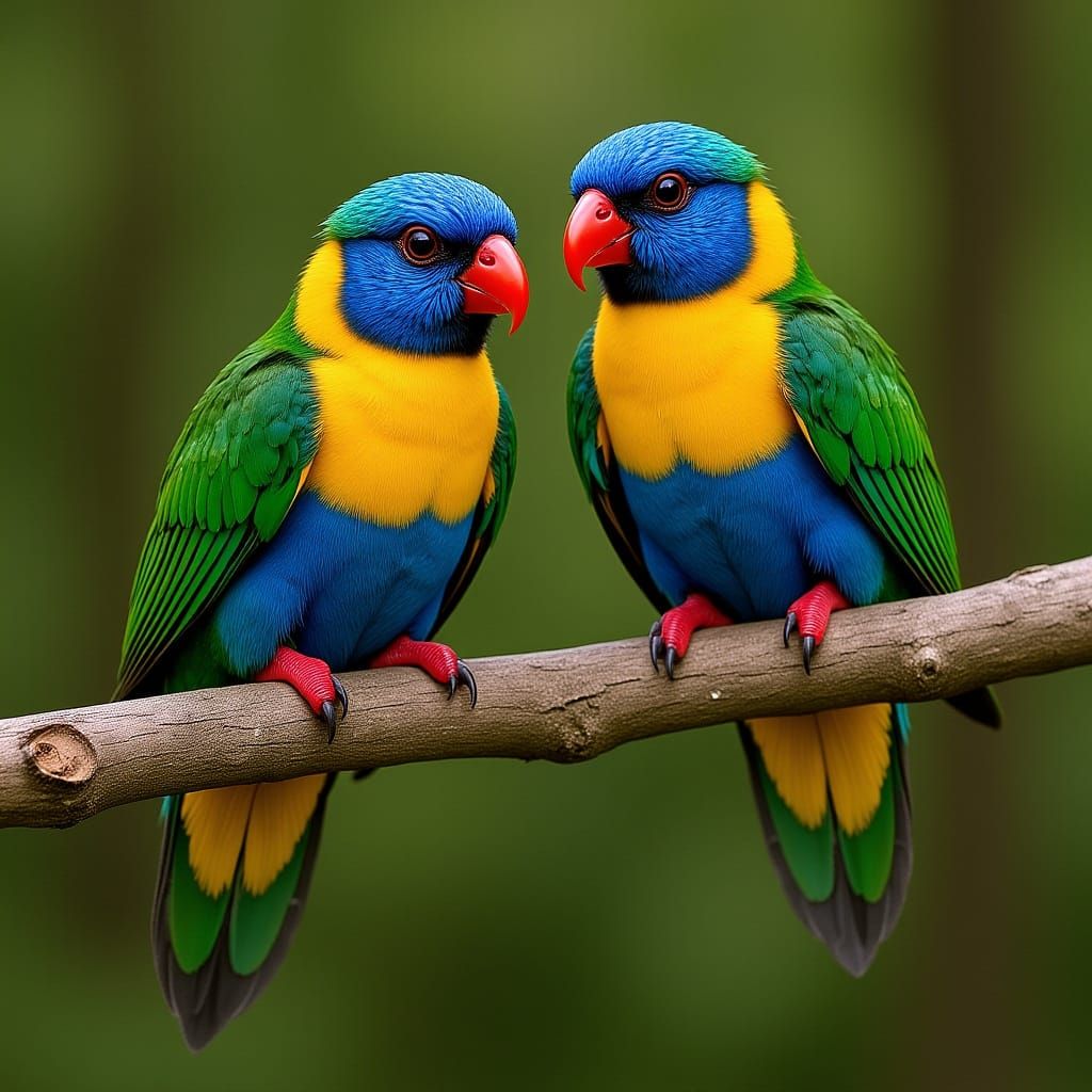 Rainbow Lorikeets on Eucalyptus Branch in Hyperrealism
