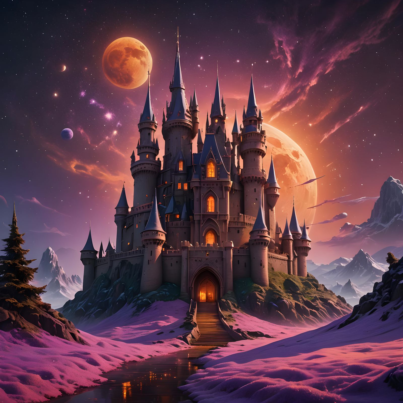 Fantastical Gold Castle in Space with Purple Snow
