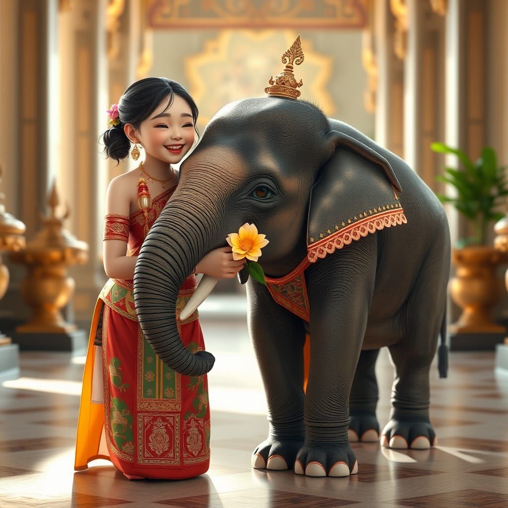 Girl and Baby Elephant in Thai Temple: 3D Anime Art