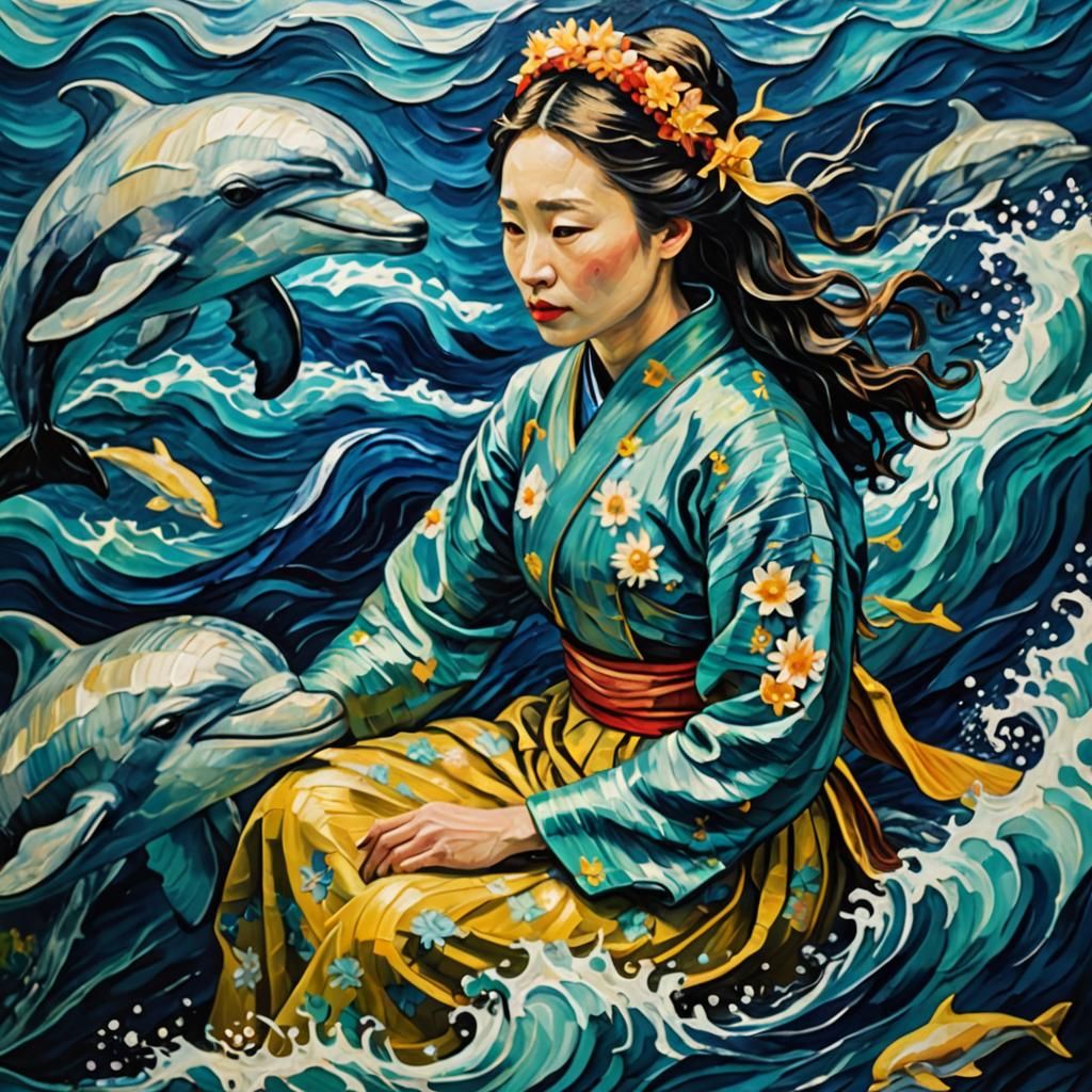 Girl on Dolphin in Van Gogh Style