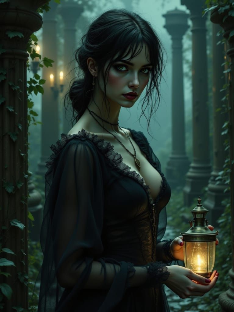 Dark Cinderella in Overgrown Gothic Ruins