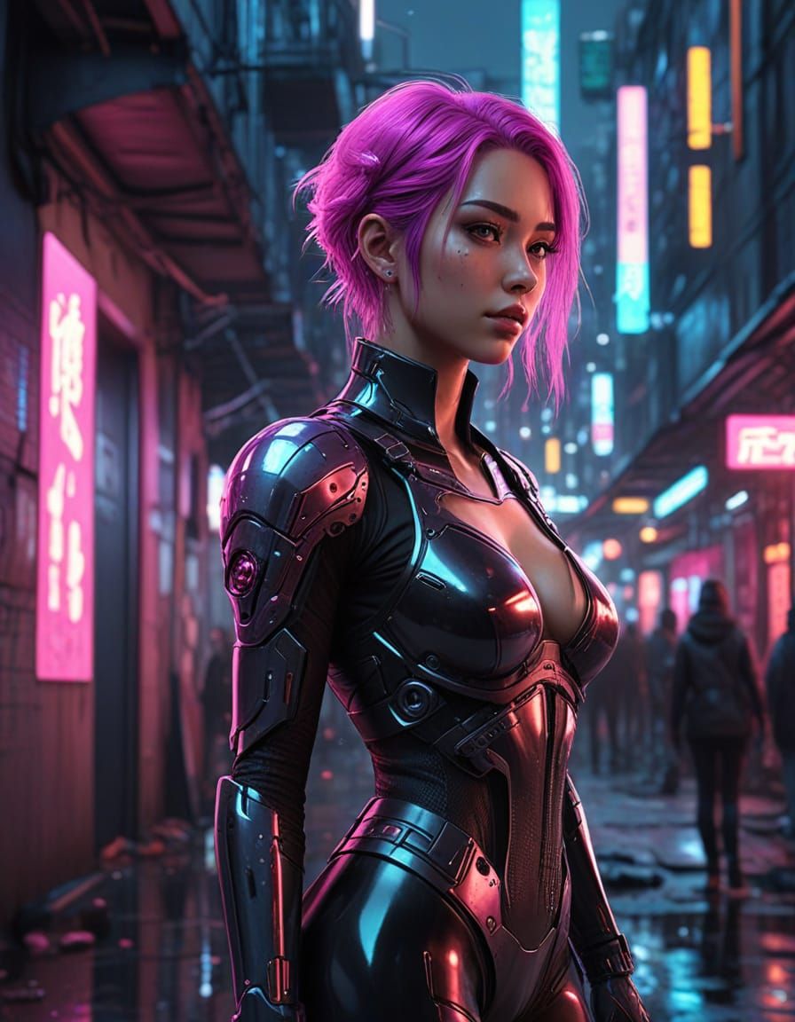 Cyberpunk Woman in Neon Noir Alleyway