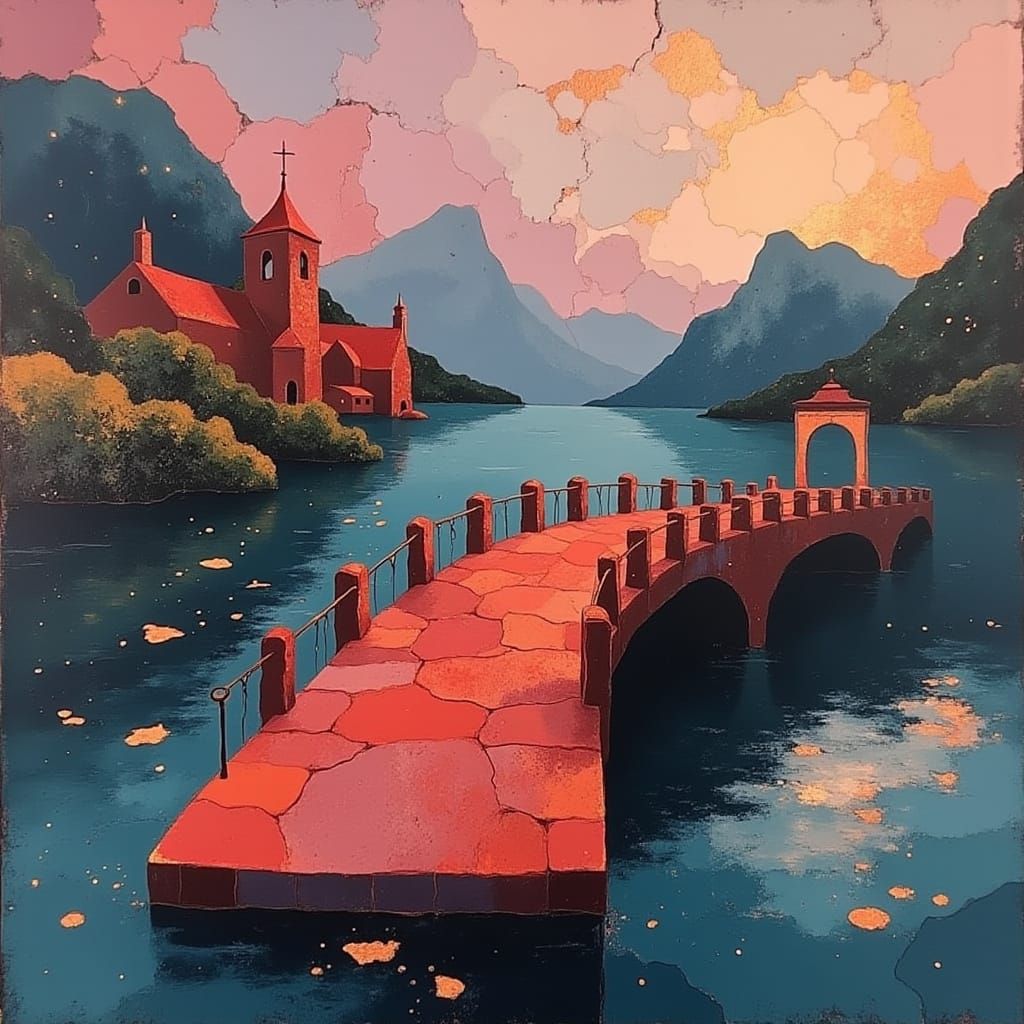 Rustic Bridge at Sunset with Warm, Soft Lights