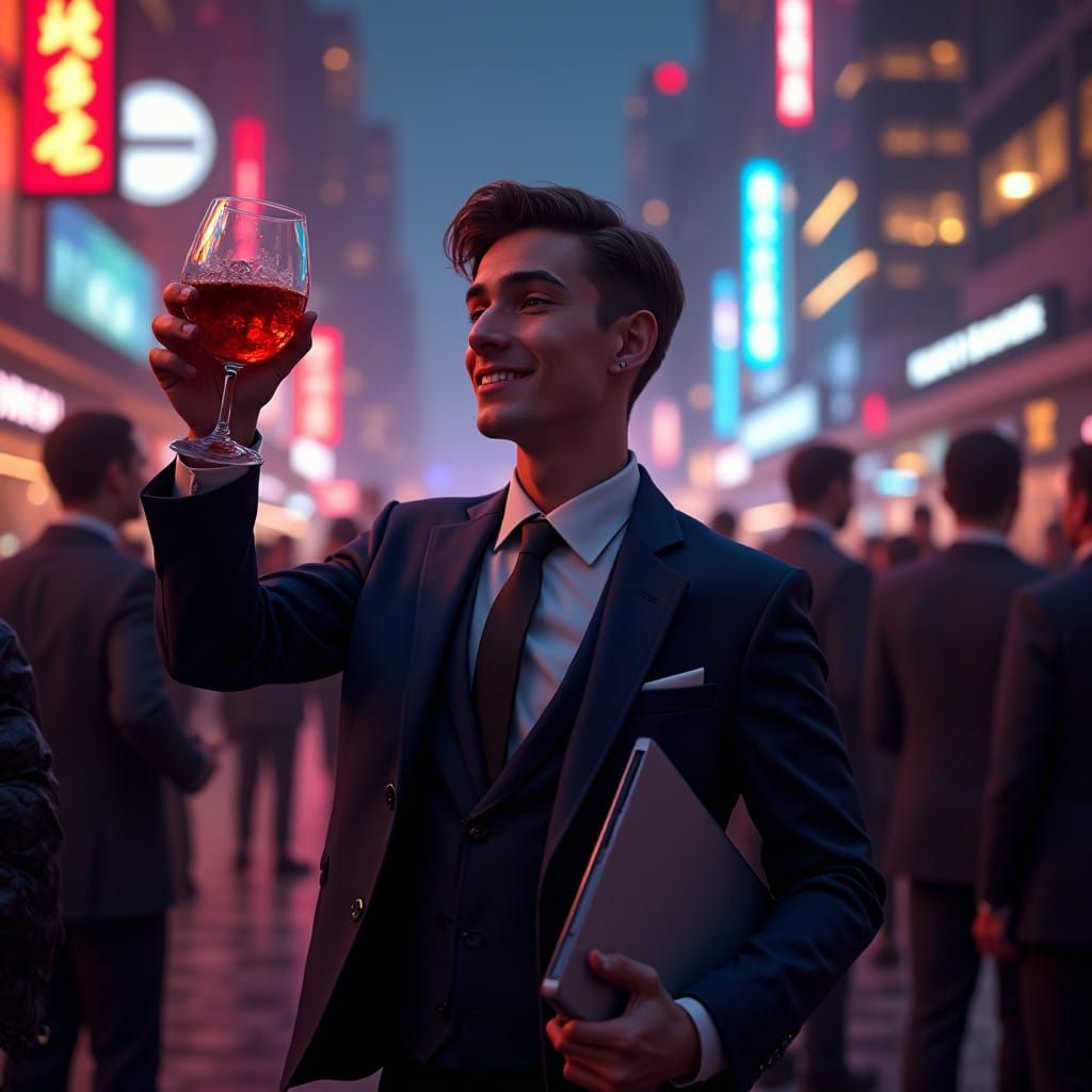 Young Developer Toasts Company Success in Futuristic Corpora...