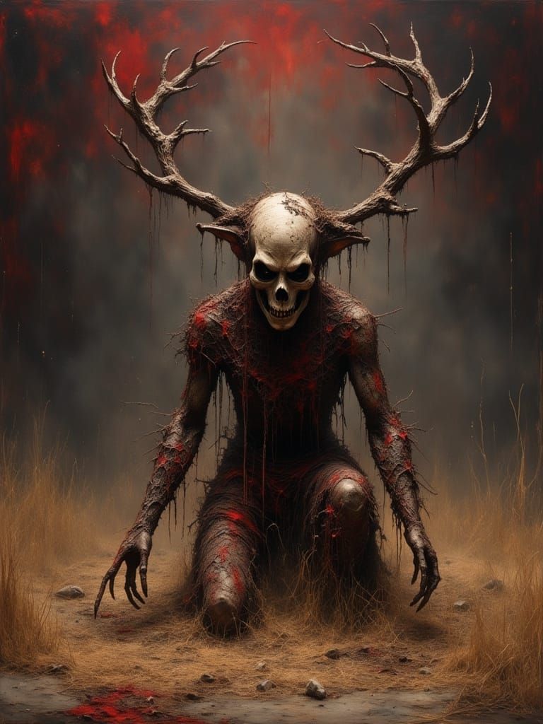 Earthy Lichen Humanoid in Grungy Dark Oil Painting