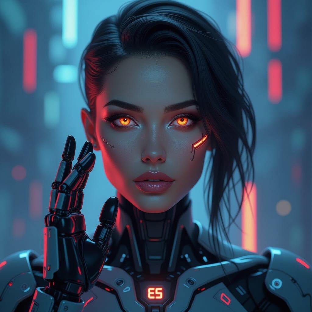 Cyberpunk Humanoid with Glowing Circuits and Robotic Hand