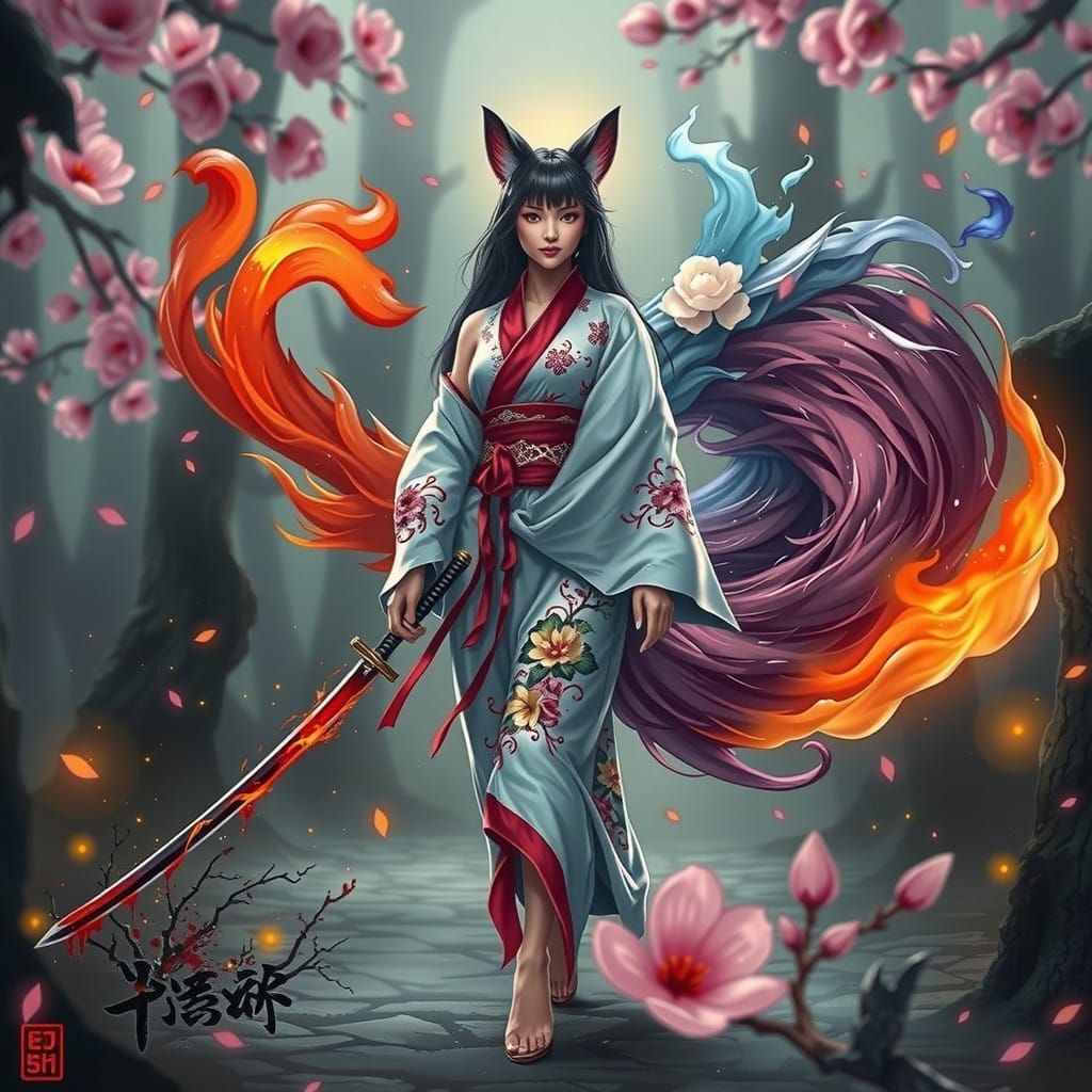 Mystical Nine-Tailed Kitsune in Cherry Blossom Forest