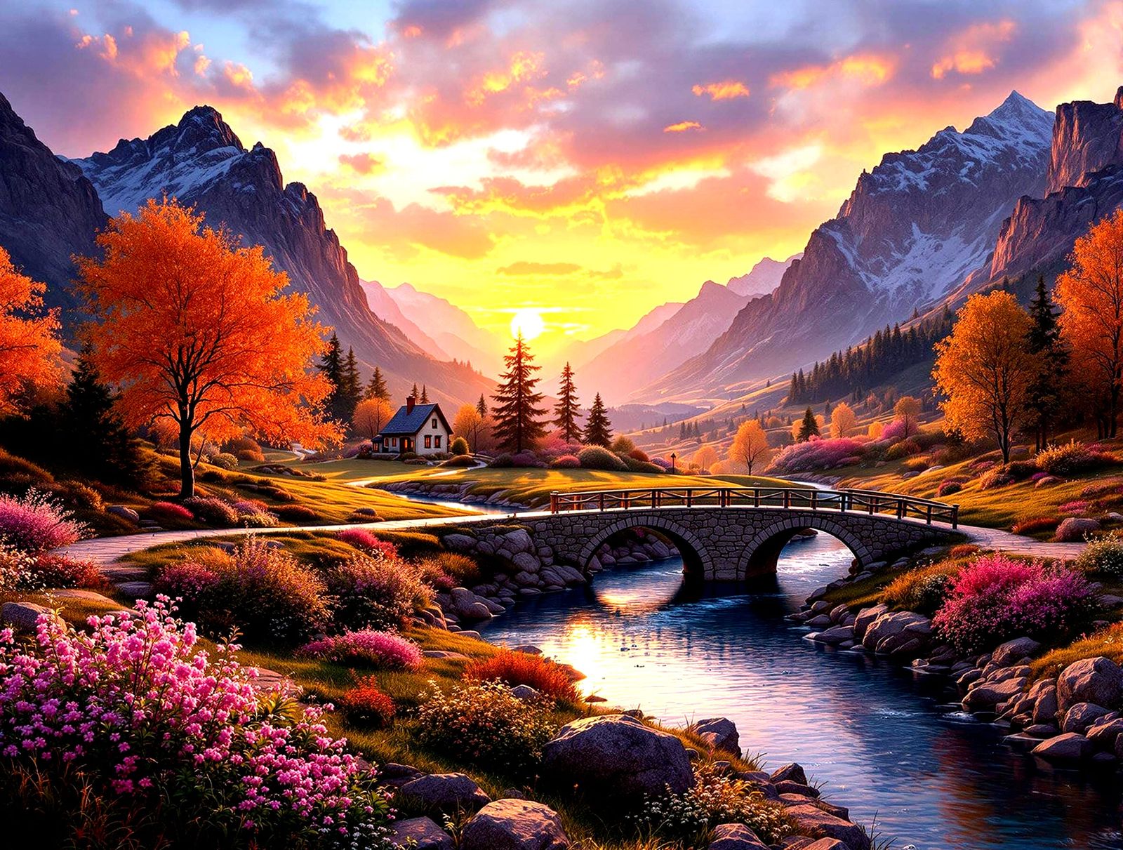 Surreal Panoramic Landscape with Autumn Bridge at Sunset