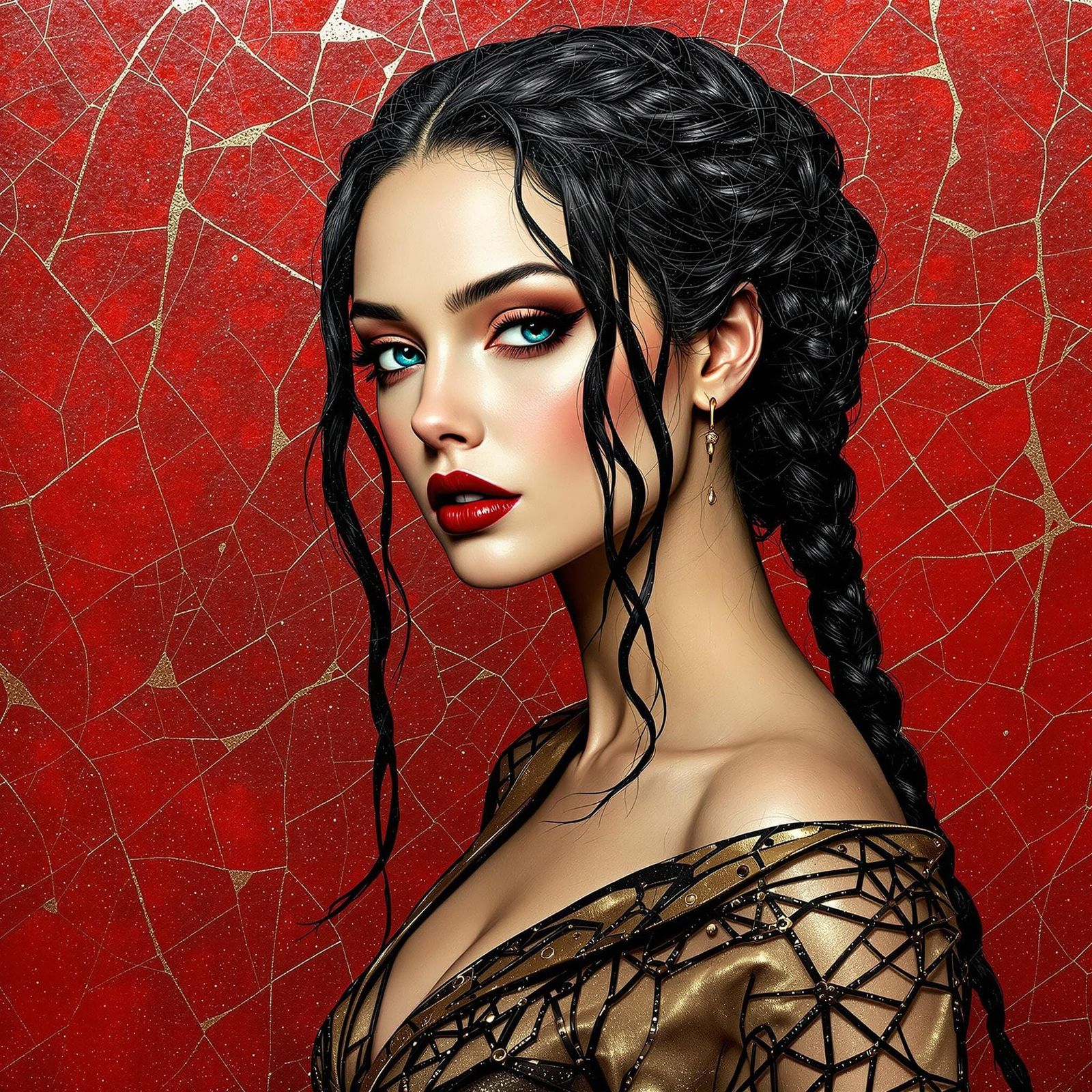 Enigmatic Stained Glass Woman in Opulent Modern Attire