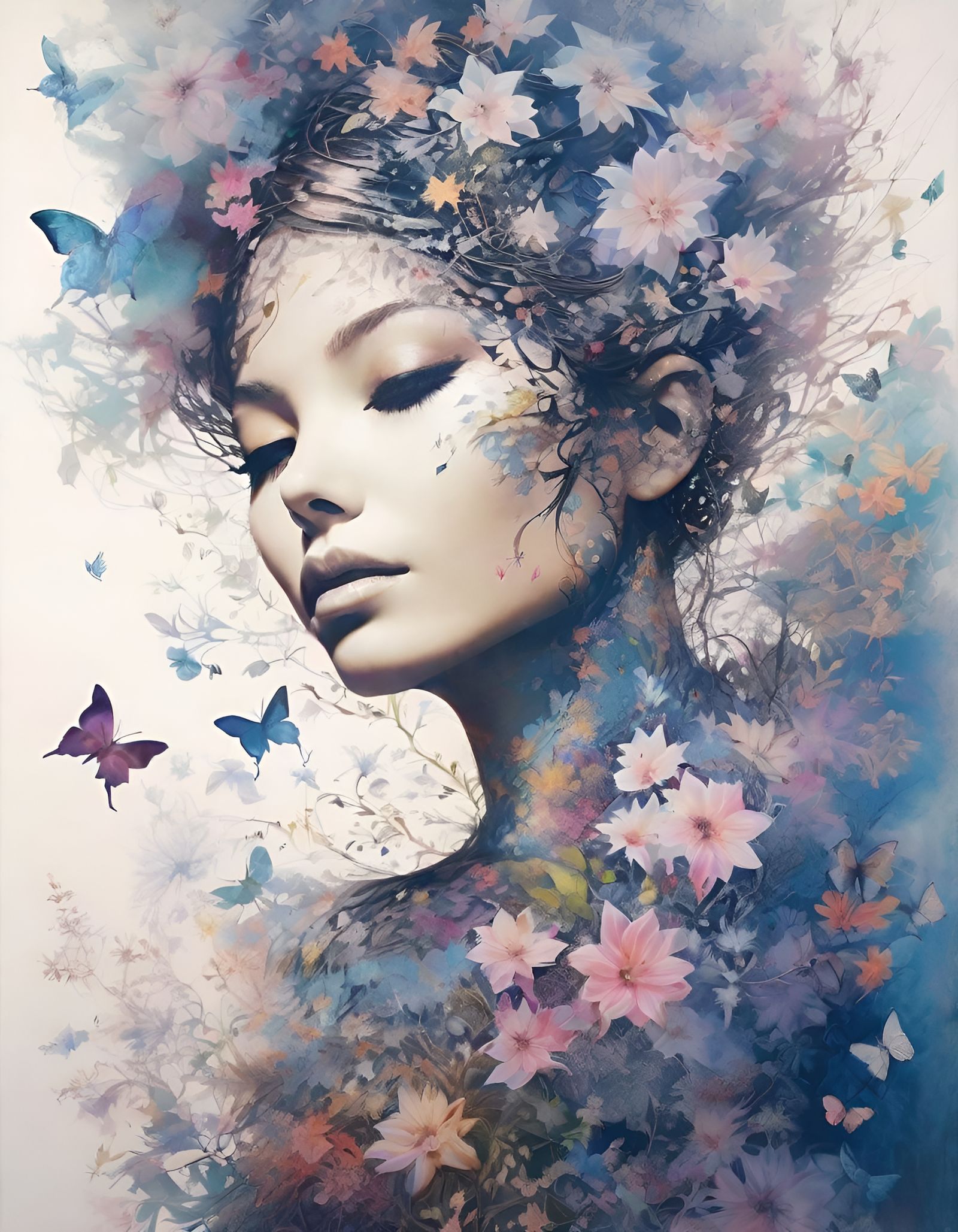 Nature Fairy Silhouette Double Exposure in Anime Style