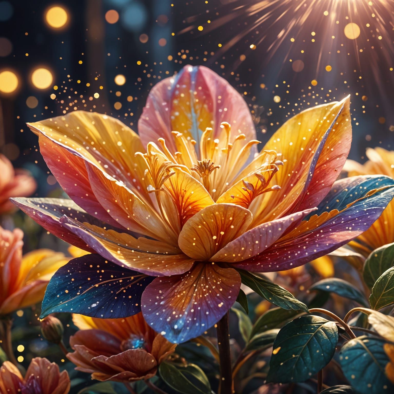 Glowing Magic Flower under Yellow Moon in Art Deco Style